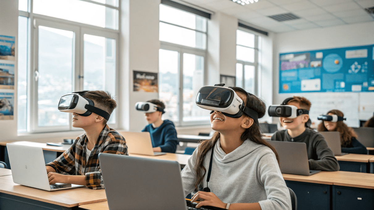 VRゴーグルを装着して授業を受ける生徒
