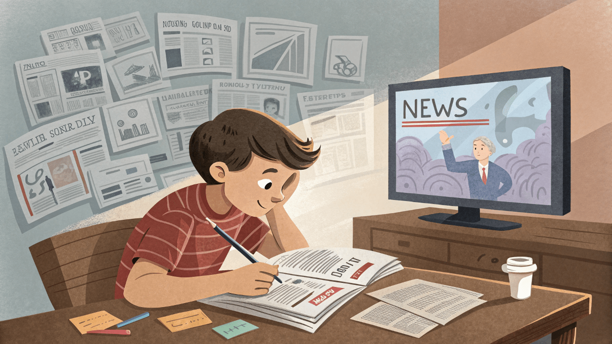 ニュースを見て経済の勉強をする少年