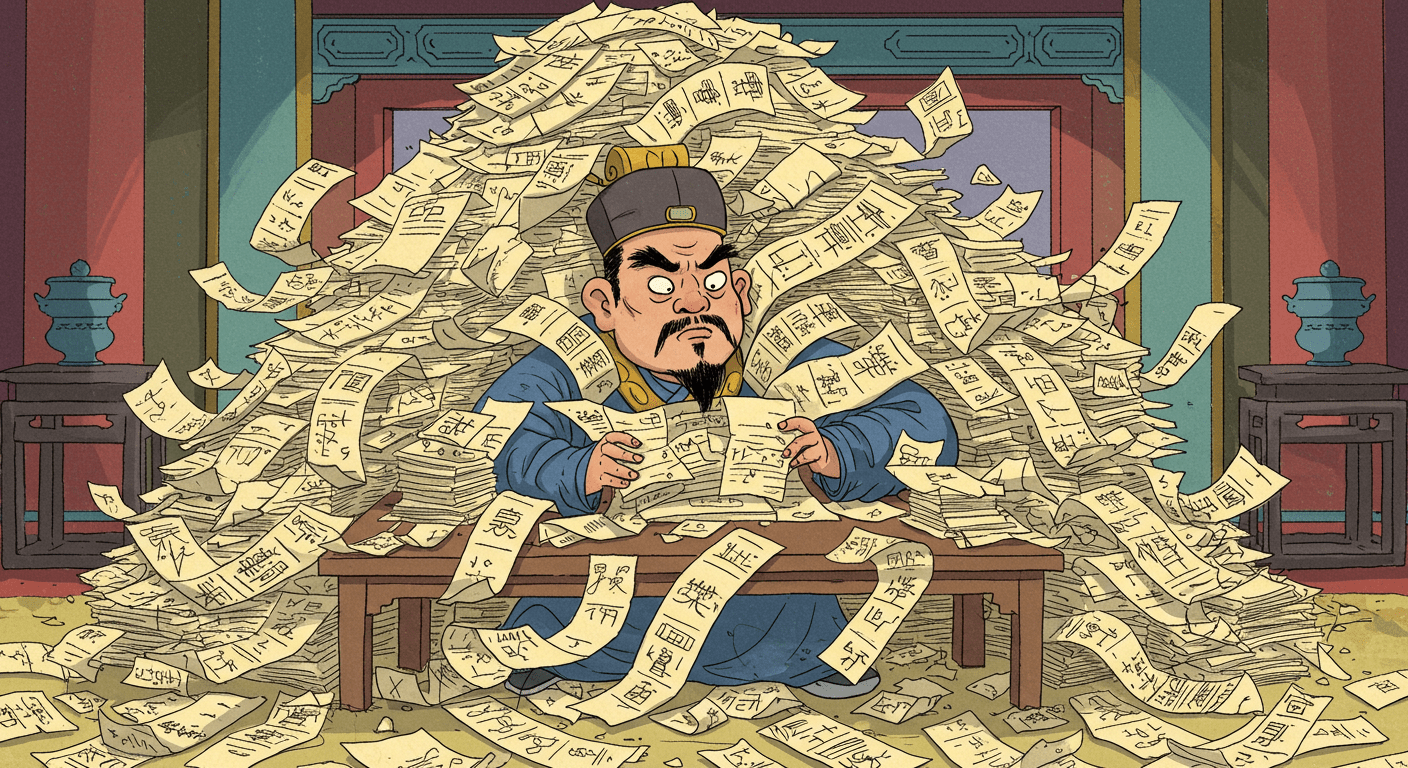 大量の公文書を読む始皇帝