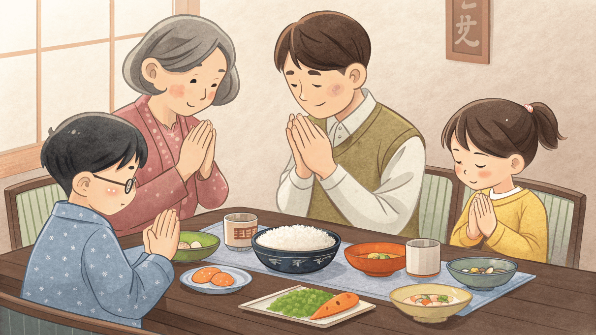 食べ物に感謝する家族