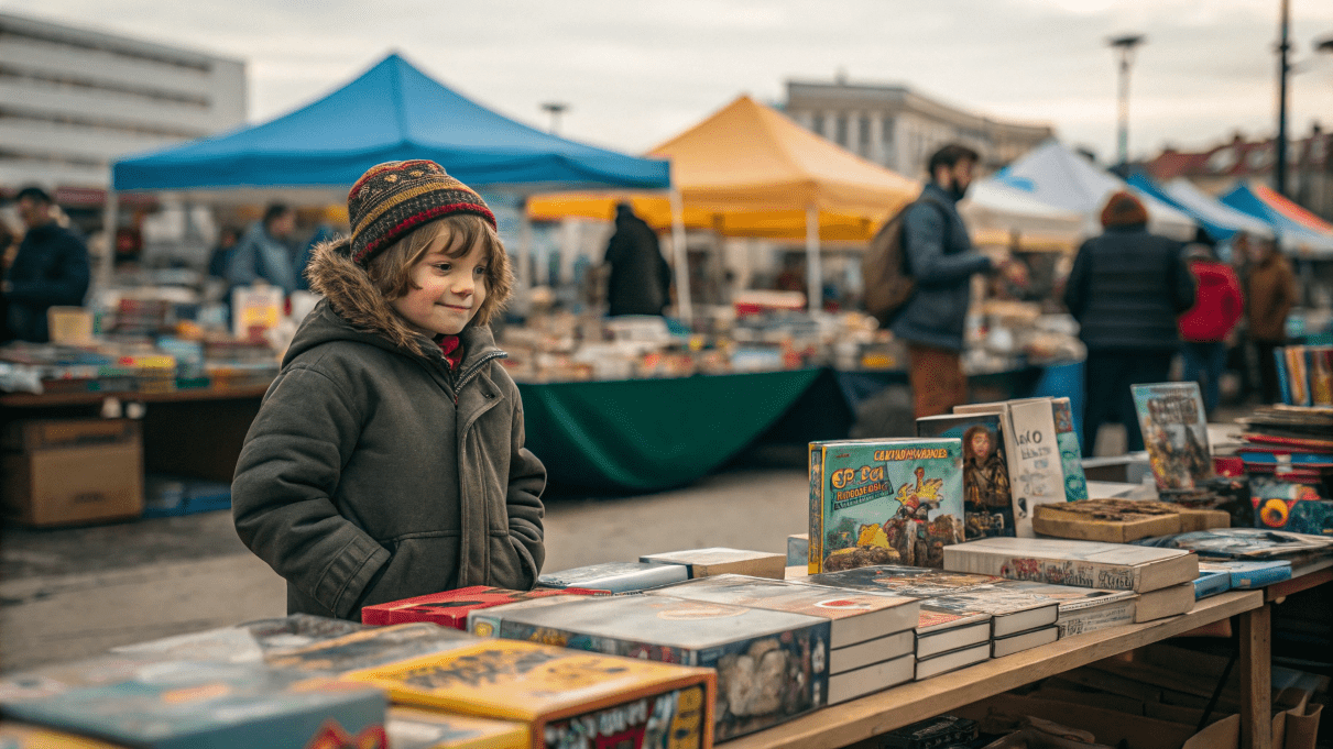 フリーマーケットでおもちゃを売る子供