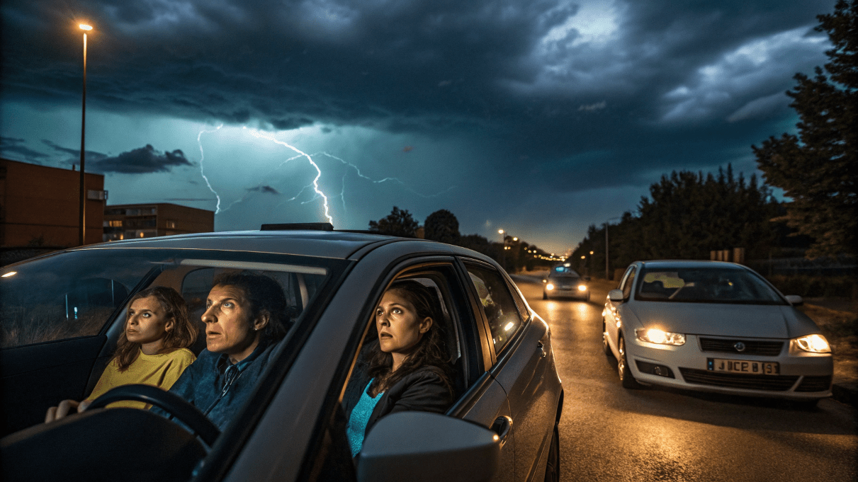 車の中で雷をさける人々