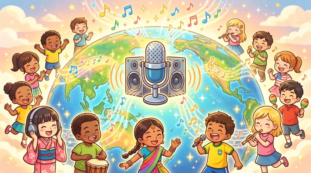 音楽を通じて世界中にメッセージが届き、人々が笑顔になっているイメージ。