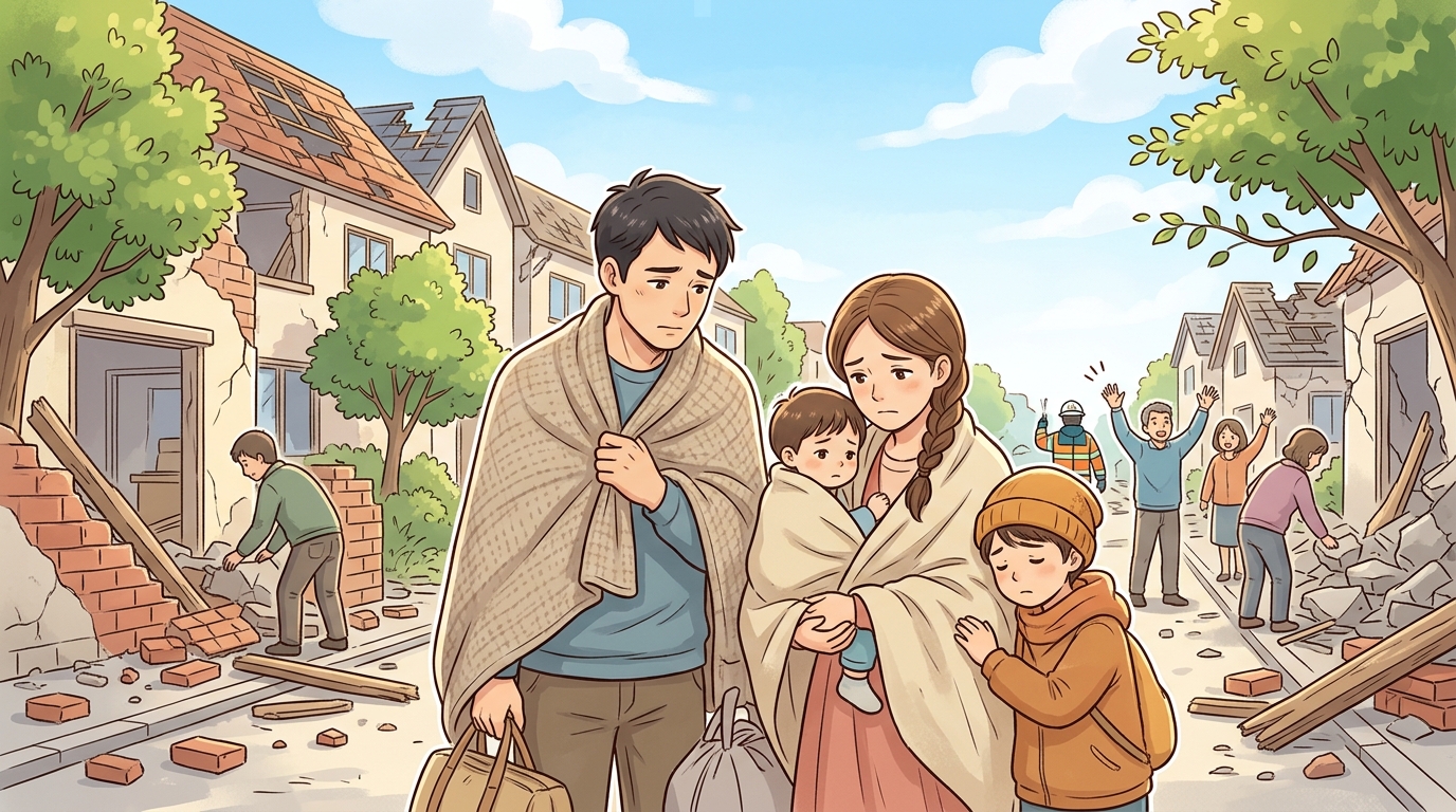 壊れた街並みと人々