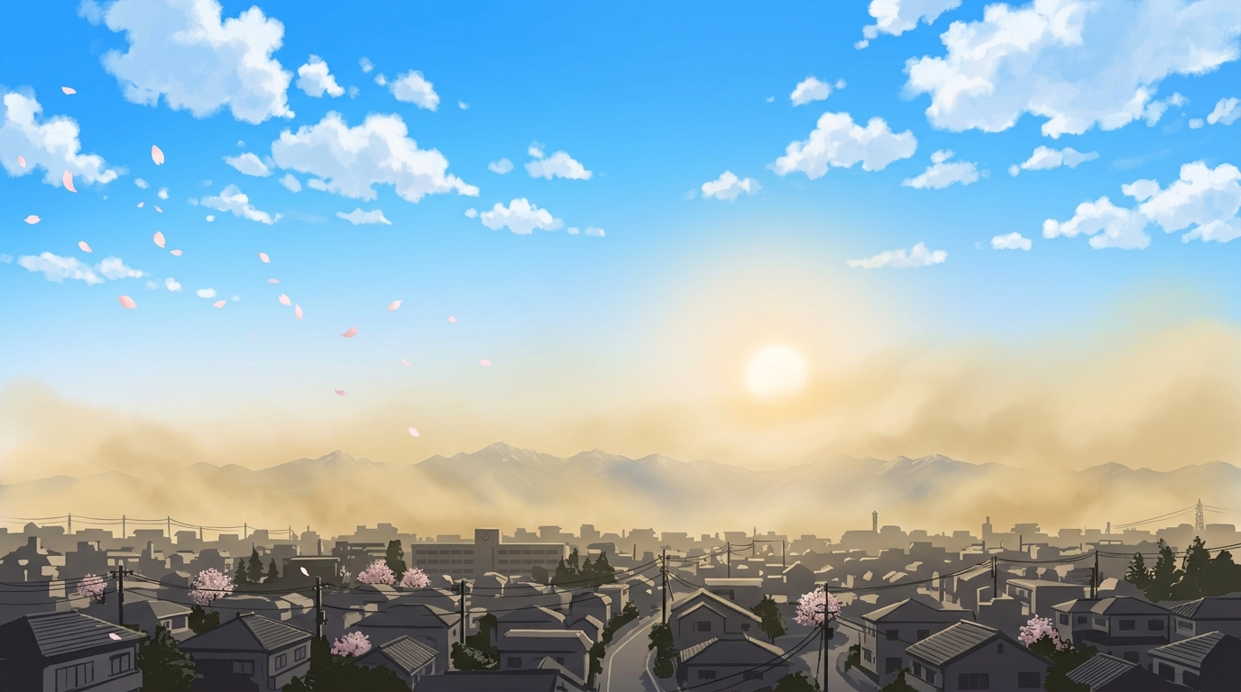 黄砂が飛来する春の日本の空を象徴する、壮大でドラマチックなイメージ。