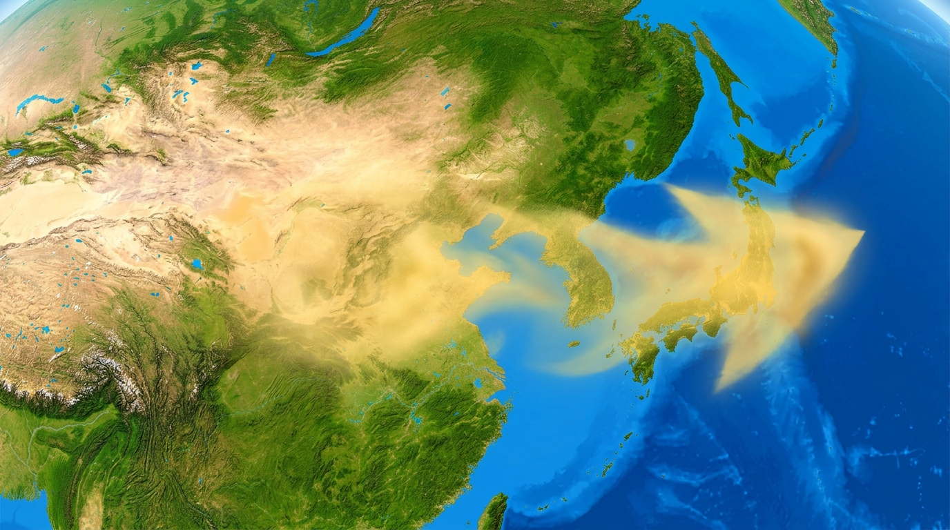 偏西風に乗って移動する黄砂のイラスト