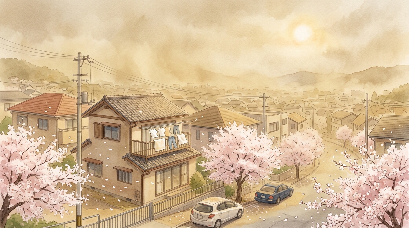 春の黄砂が飛来する季節感のイラスト