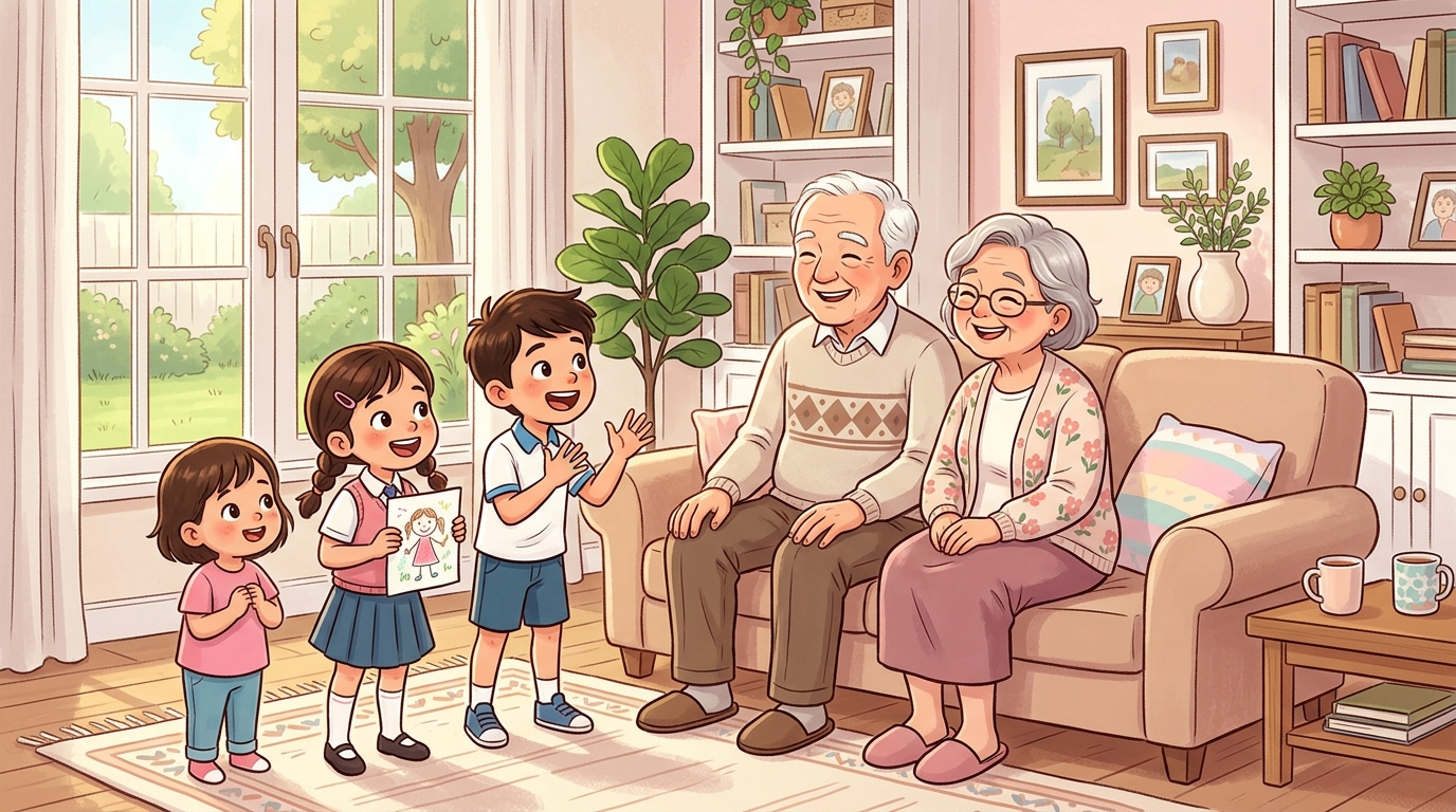 おじいちゃんとおばあちゃんと楽しく話す