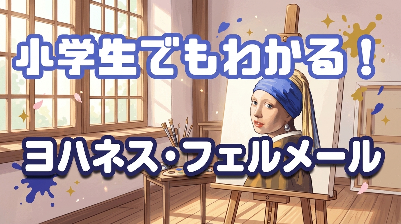 青いターバンの少女の肖像画と、格子窓から差し込む美しい光を象徴的に描いたイメージ