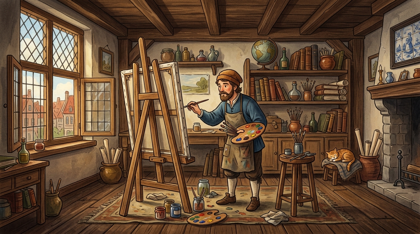 17世紀オランダのアトリエで絵を描くフェルメール