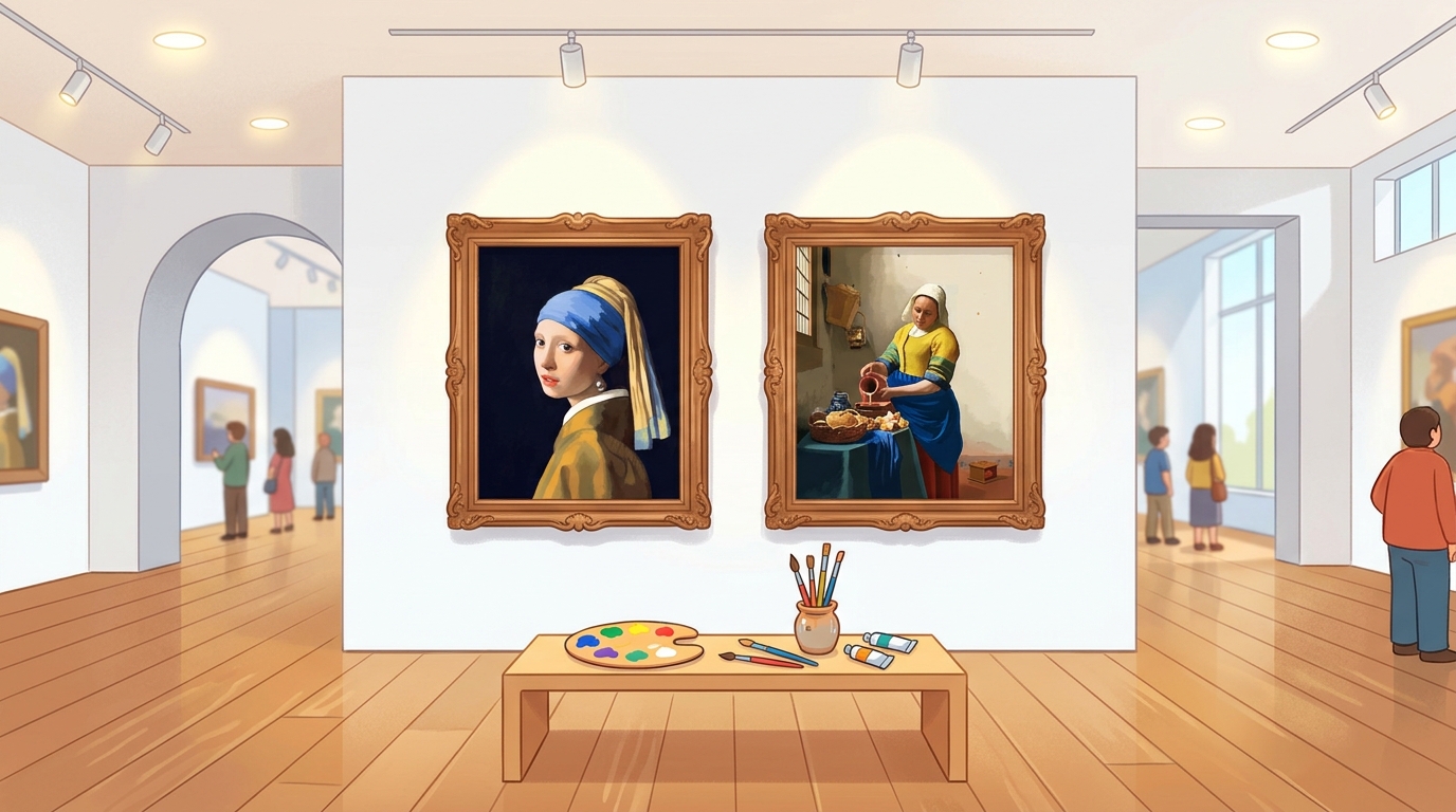 美術館でフェルメールの代表作を鑑賞する人々