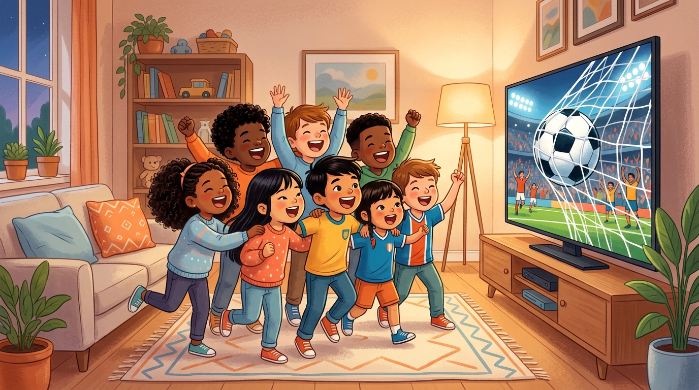 テレビの前で応援する世界中の子供たち