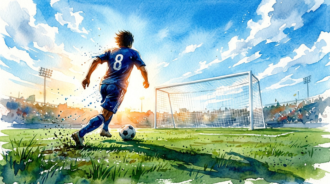 青いユニフォームの選手が未来へ駆ける水彩イラスト
