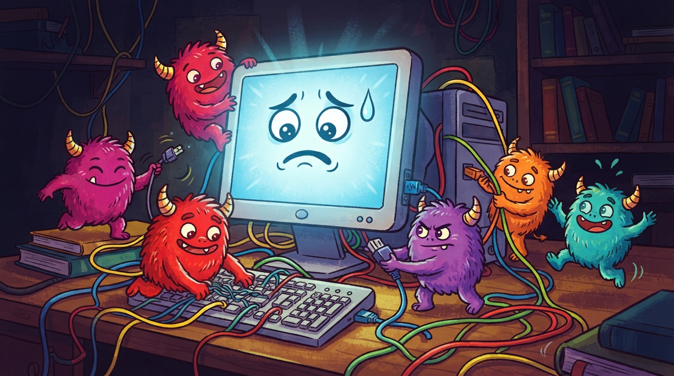 パソコンにいたずらをする小さなウイルスモンスターと困っているコンピューターのイメージ