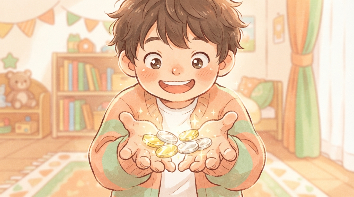 お小遣いをもらって喜んでいる子どものイメージ