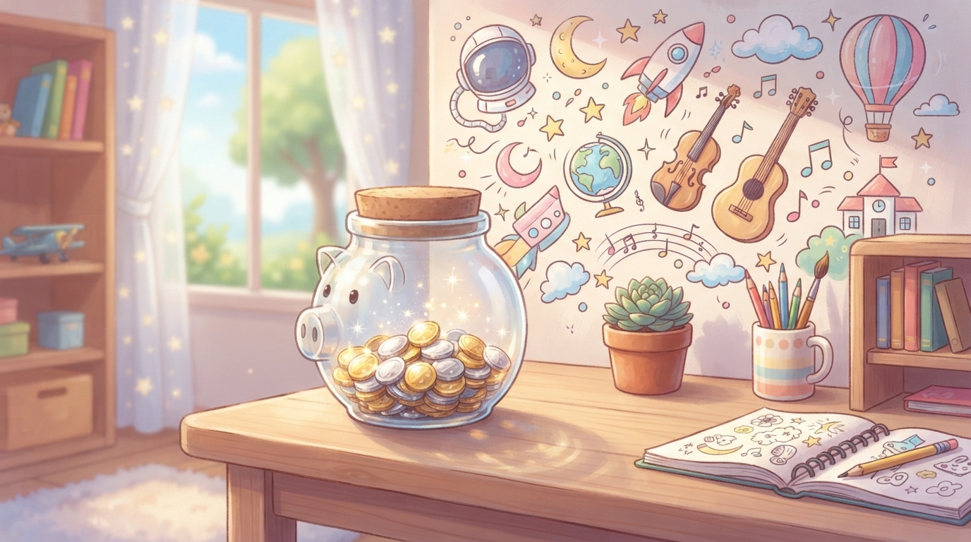 将来のやりたいことと貯金箱のイメージ