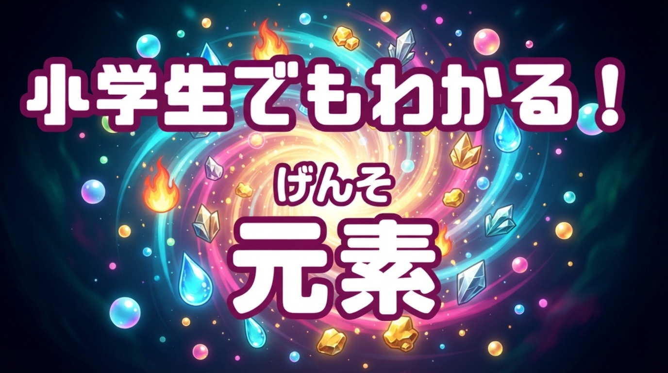 元素を象徴する、様々な物質のもとになるカラフルな光の粒や多様な元素記号のようなモチーフが集まるイメージ。