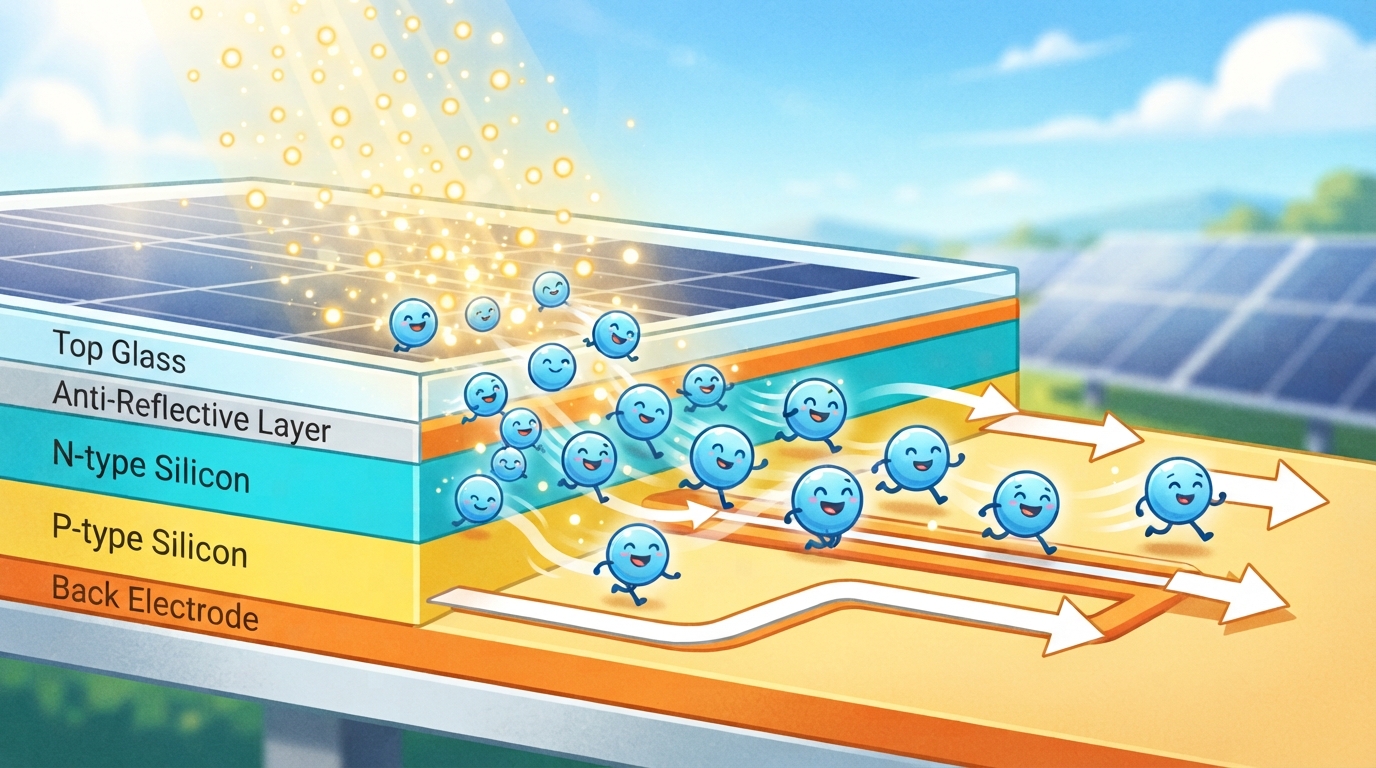 太陽光パネルの断面と光が当たって電気が流れるイメージ