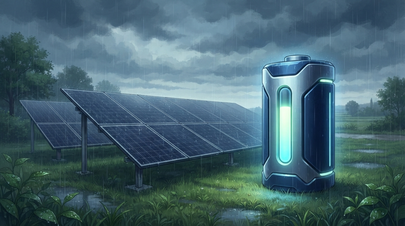 雨や夜の太陽光パネルと電気をためるバッテリーのイメージ