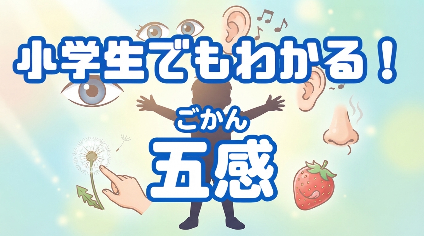 目、耳、鼻、口、手の感覚を表すカラフルなモチーフが散りばめられ、中央に人間のシルエットがあるデザイン。