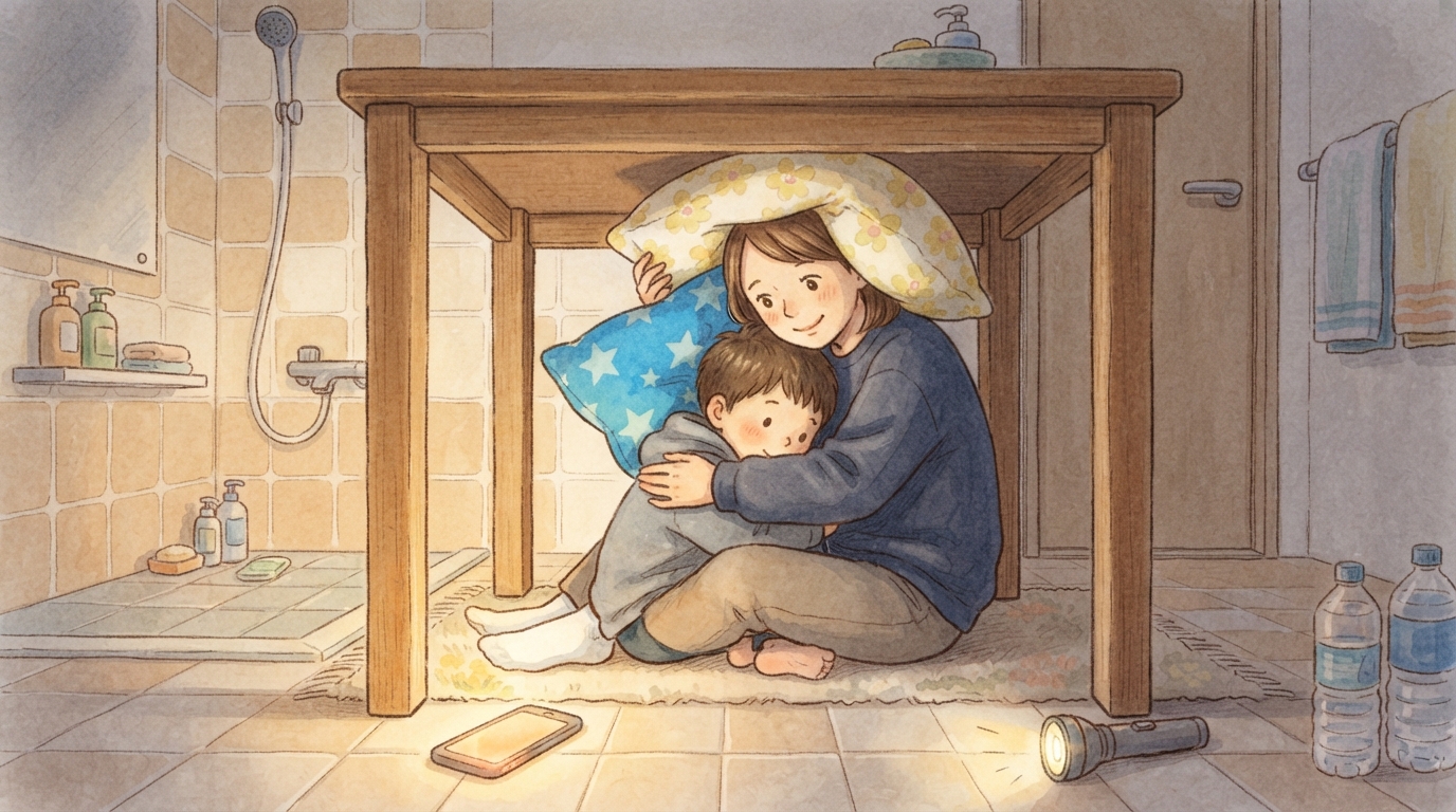 家の中で窓のない部屋に避難する親子のイラスト