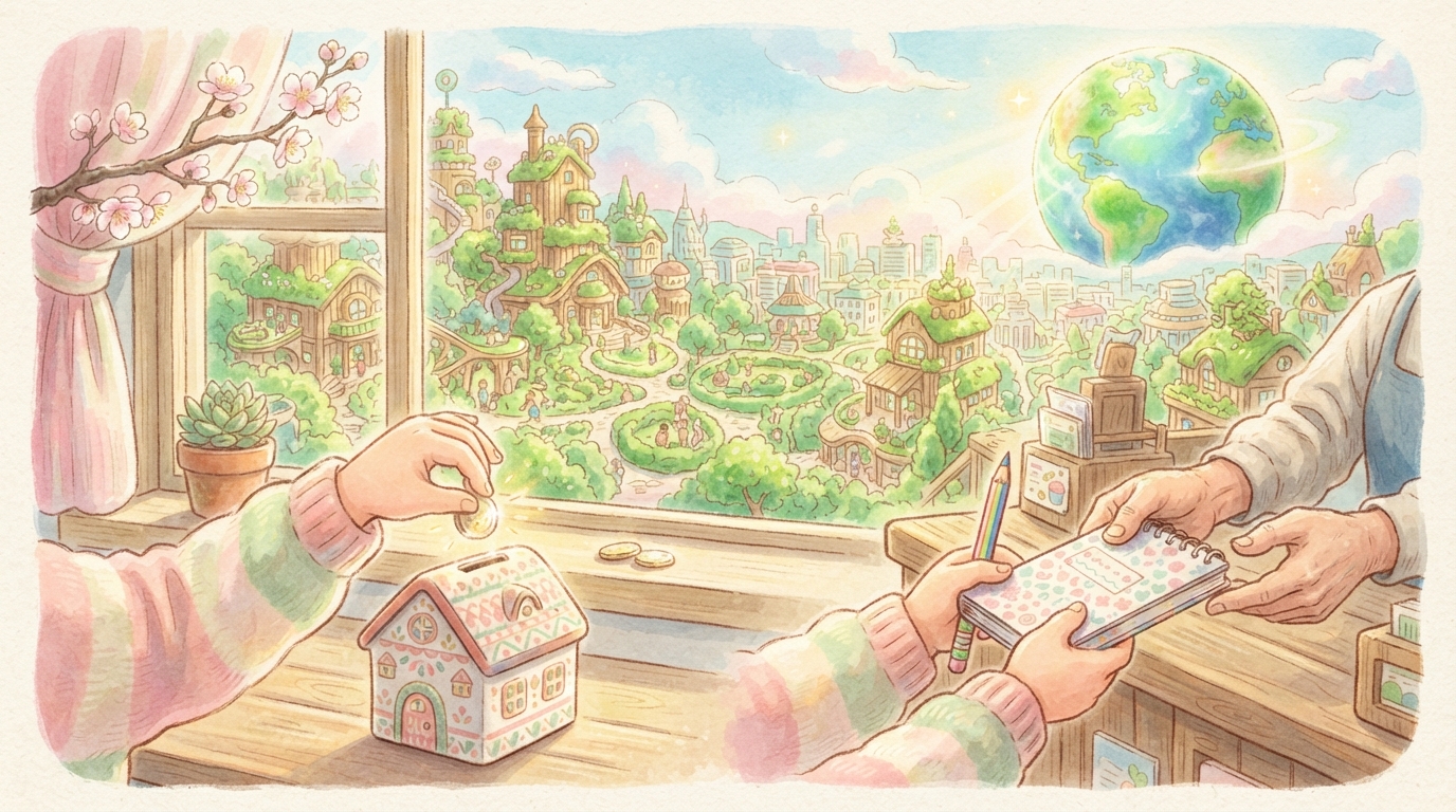 小学生の日常の買い物やお小遣いが大きな社会の未来と繋がっているイメージ