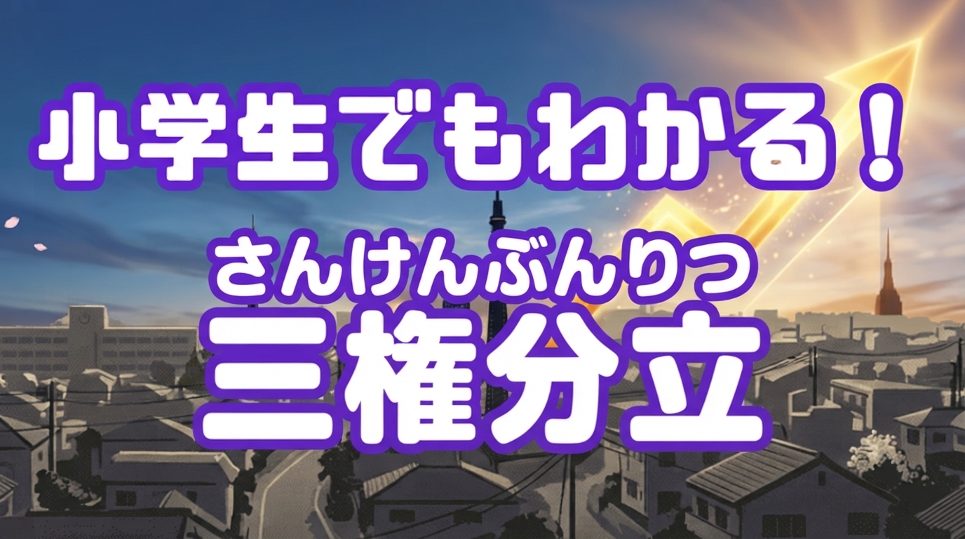 三権分立を象徴する、3つの光るピースや柱が絶妙なバランスで組み合わさっているシンボリックなイメージ。