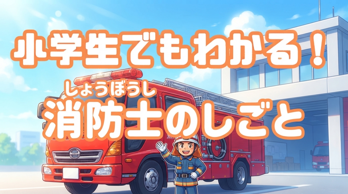 消防士のしごとをテーマにした、真っ赤な消防車と勇ましい消防士のイラストイメージ。