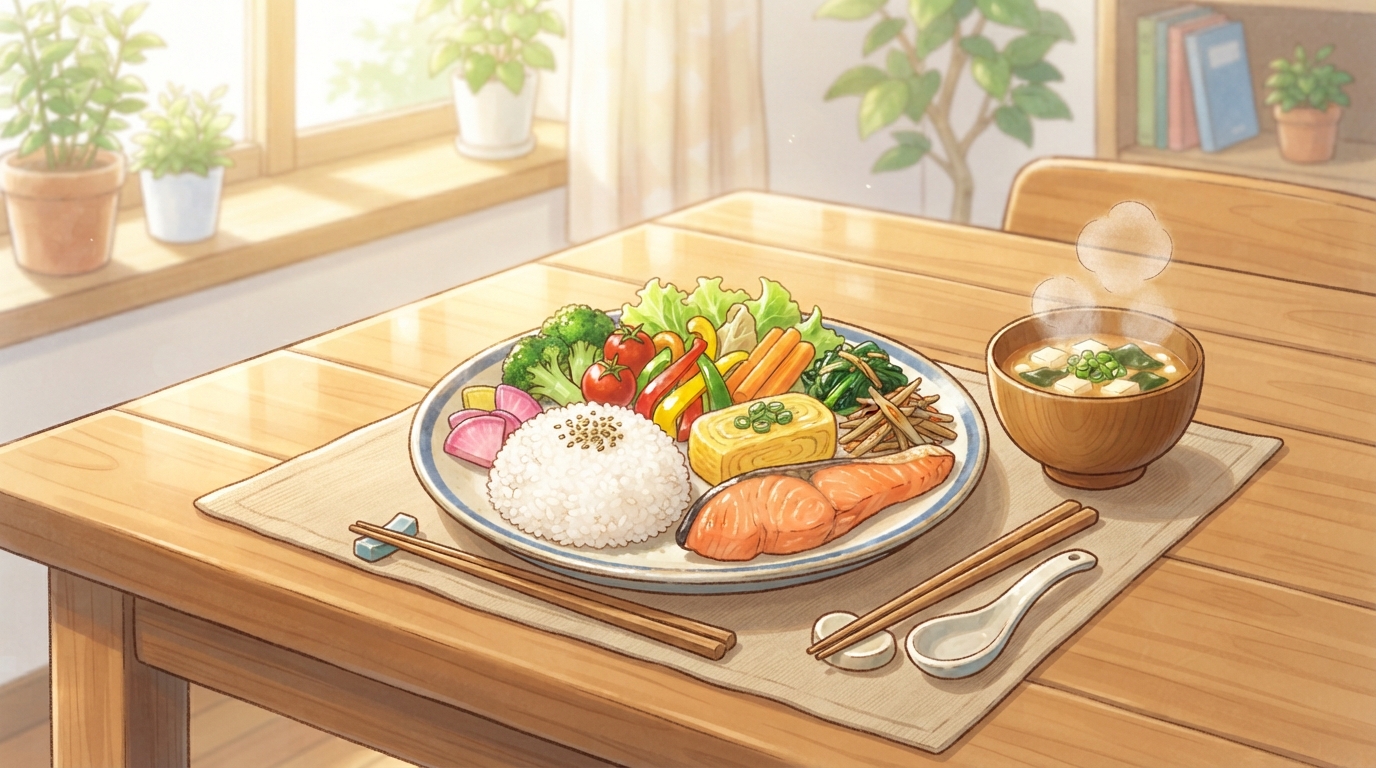 よく噛んで味わう健康的な食事のイメージ