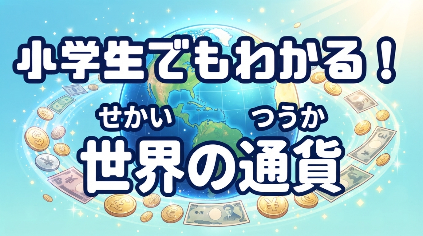 世界の様々な通貨（ドル、ユーロ、円、ポンドなど）のコインや紙幣、地球儀が美しく輝き調和しているイメージ。