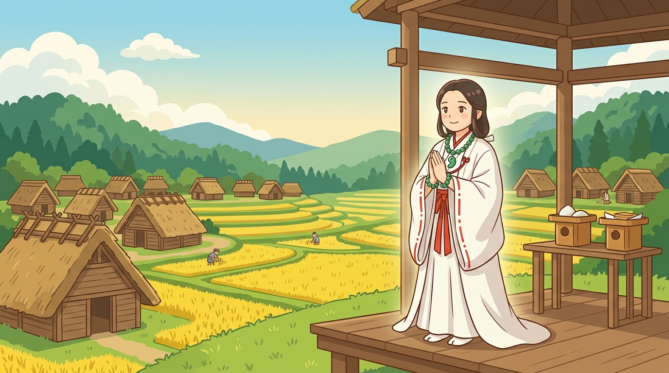 祈りを捧げて平和を導く卑弥呼と邪馬台国