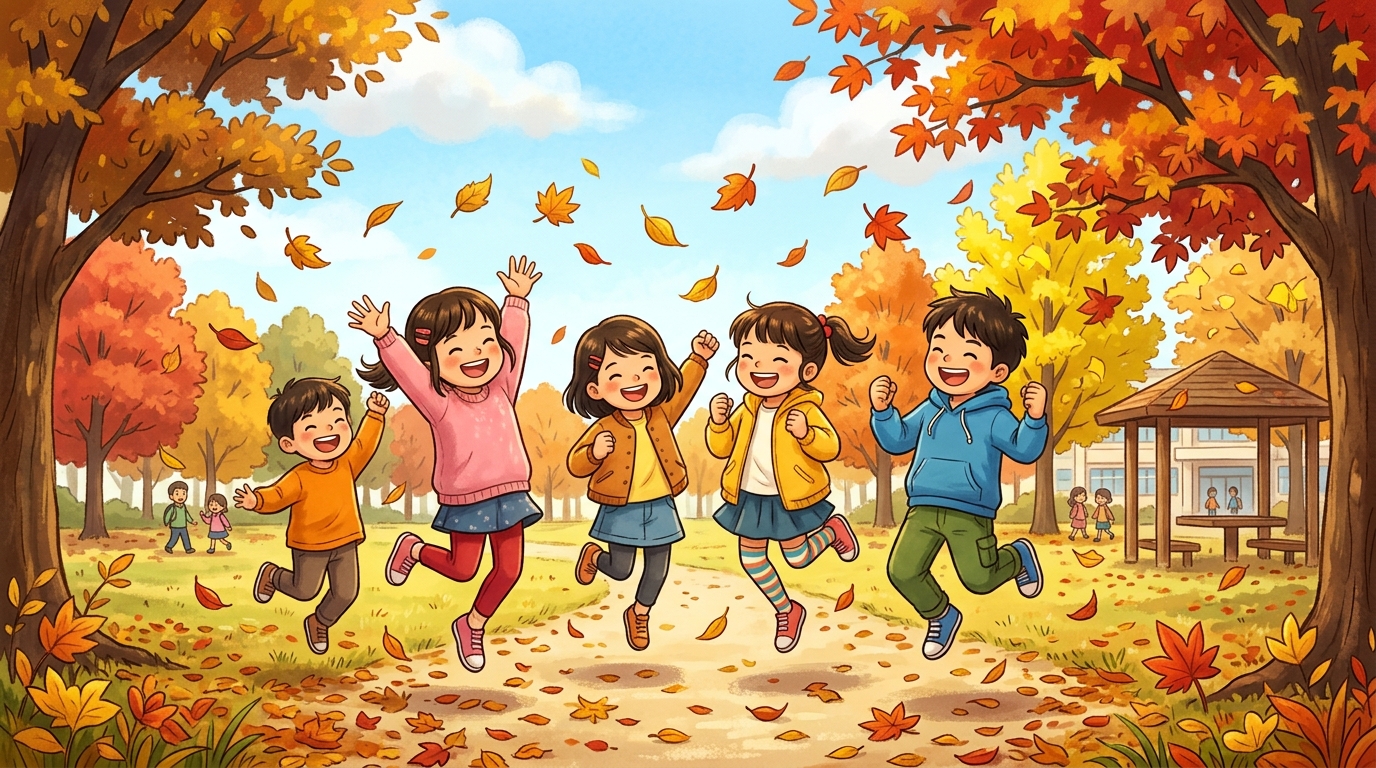 秋の公園で元気に遊ぶ子どもたちと色づく紅葉