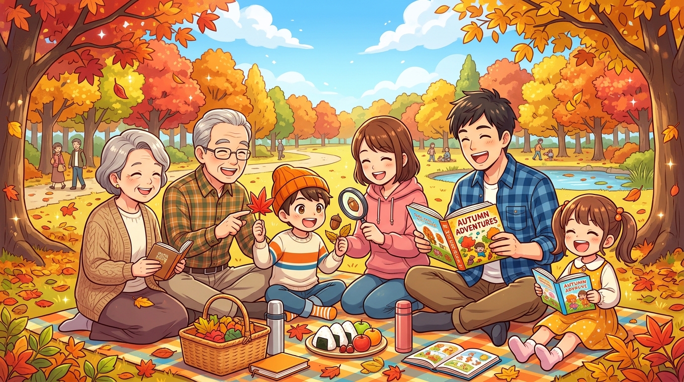 秋晴れの公園でピクニックや読書を楽しむ家族