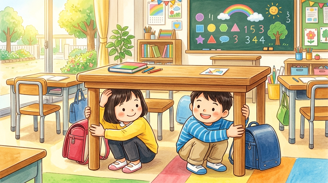 教室の机の下に潜って頭を守る小学生たちのシェイクアウト訓練