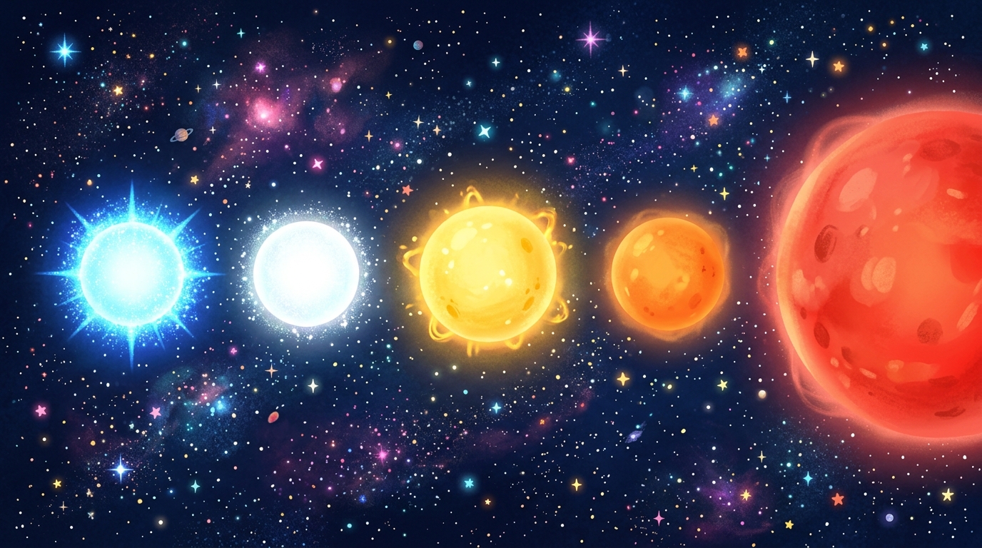 星の表面温度と色のちがい（青白い星・黄色い太陽・赤い巨星）