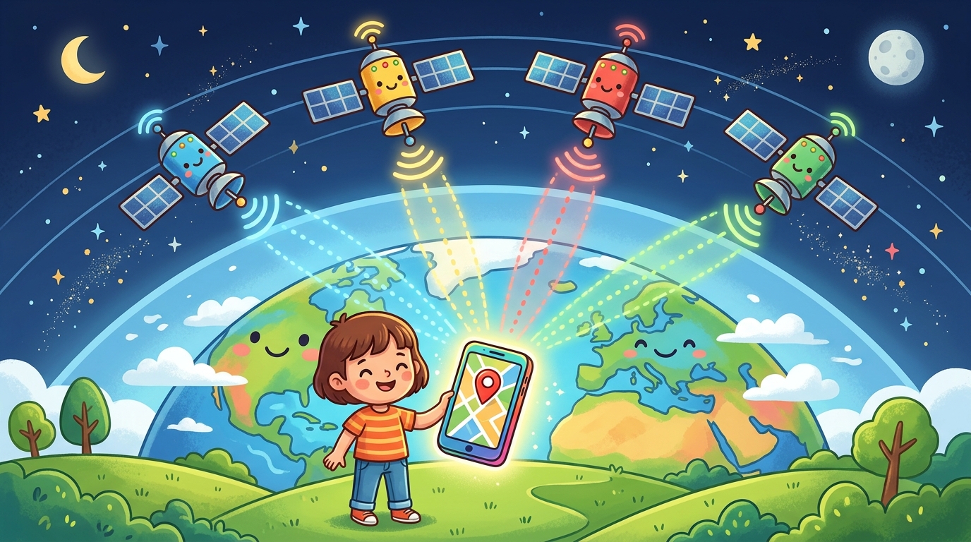 地球の上を飛ぶGPS衛星とスマートフォンの通信