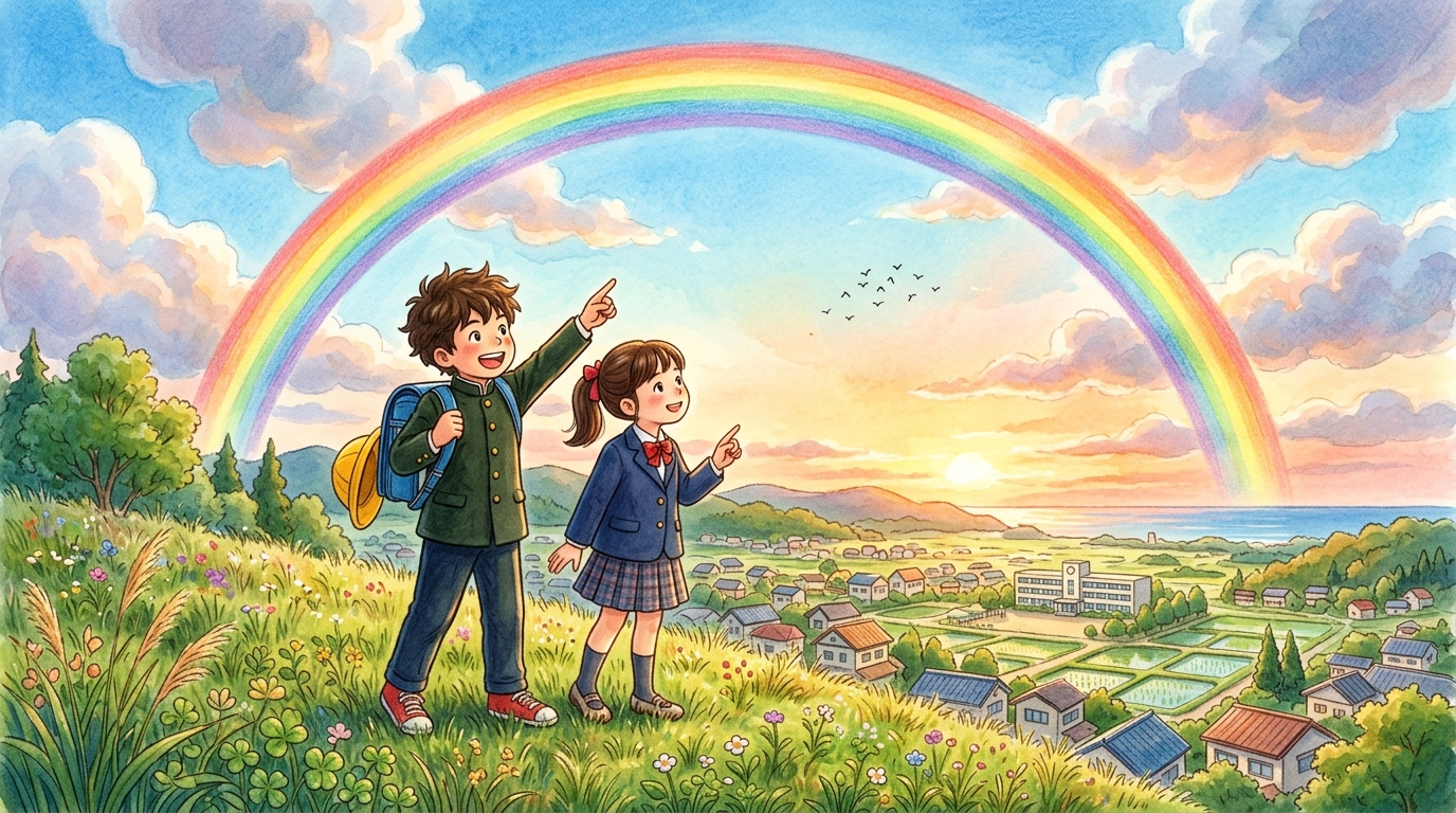 空にかかる大きくてきれいな虹を子どもたちが見上げている風景
