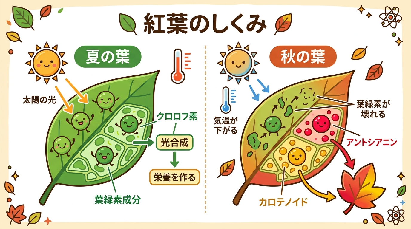 葉っぱの中で緑がお休みして赤や黄色に変わる仕組み