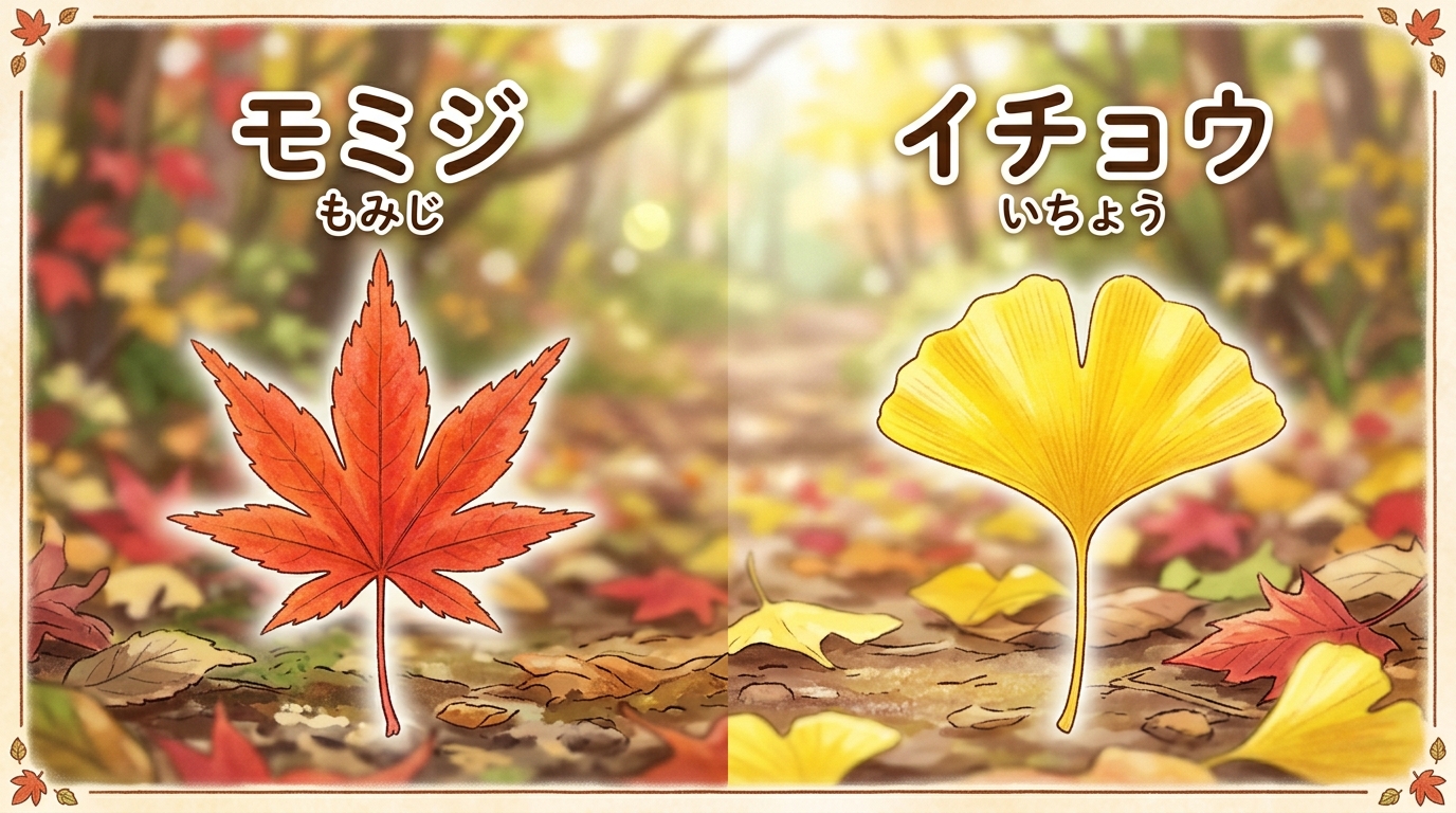 モミジとイチョウの葉の形と色のちがい