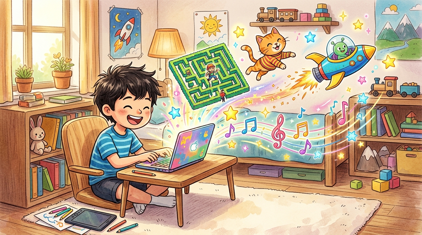 Scratchなら迷路ゲーム、飛ぶネコのアニメーション、宇宙の冒険や音楽まで、頭の中のアイデアをなんでも形にできるよ！