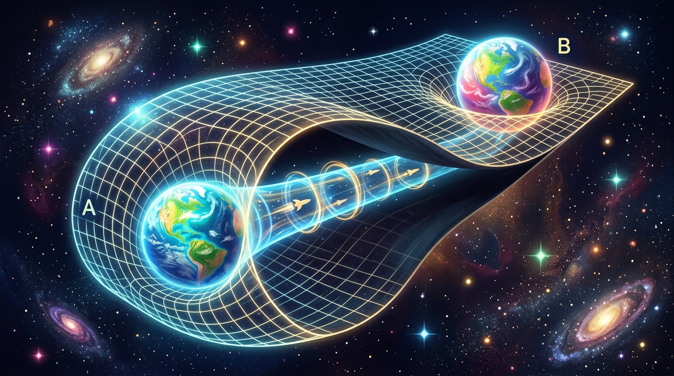 紙を折り曲げて遠くの星をつなぐワームホールの近道イメージ