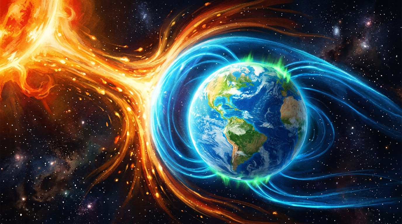 地球のまわりを取り囲む見えない磁気バリアが太陽風をブロックしている様子
