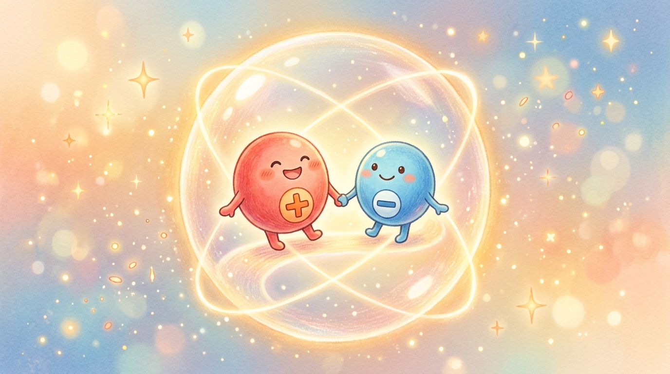 プラスとマイナスの電気が仲良く手をつなぐイラスト