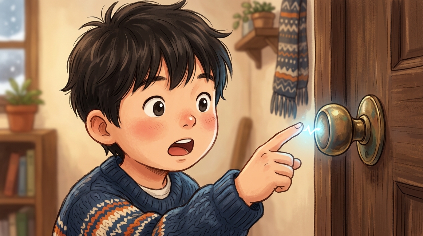 ドアノブと指先の間で青白い火花が飛ぶイラスト