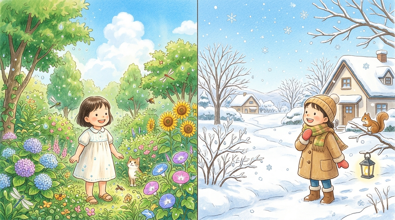 夏と冬の空気の乾燥と水分の対比イラスト