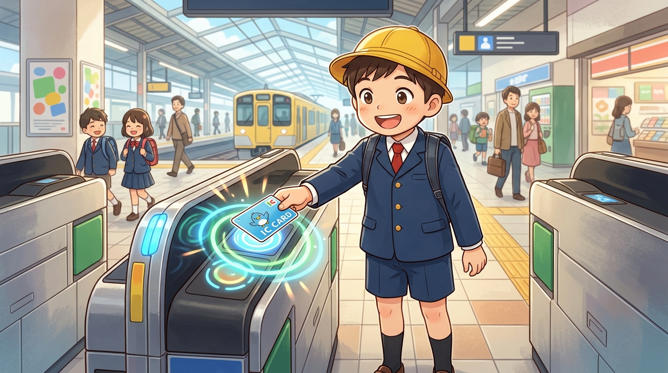 改札やレジでタッチ決済する男の子