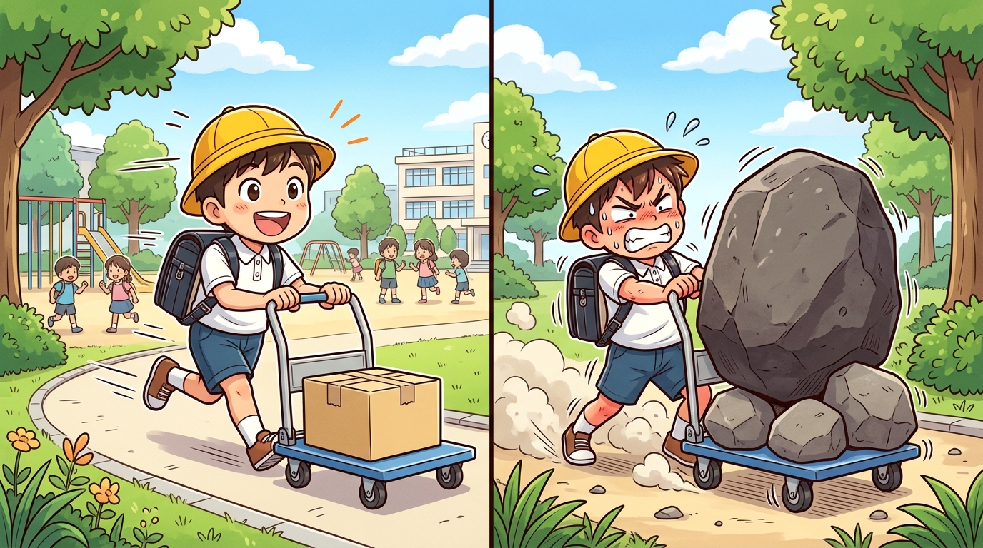 力と加速度の法則（手押し車を押す男の子の比較図解）