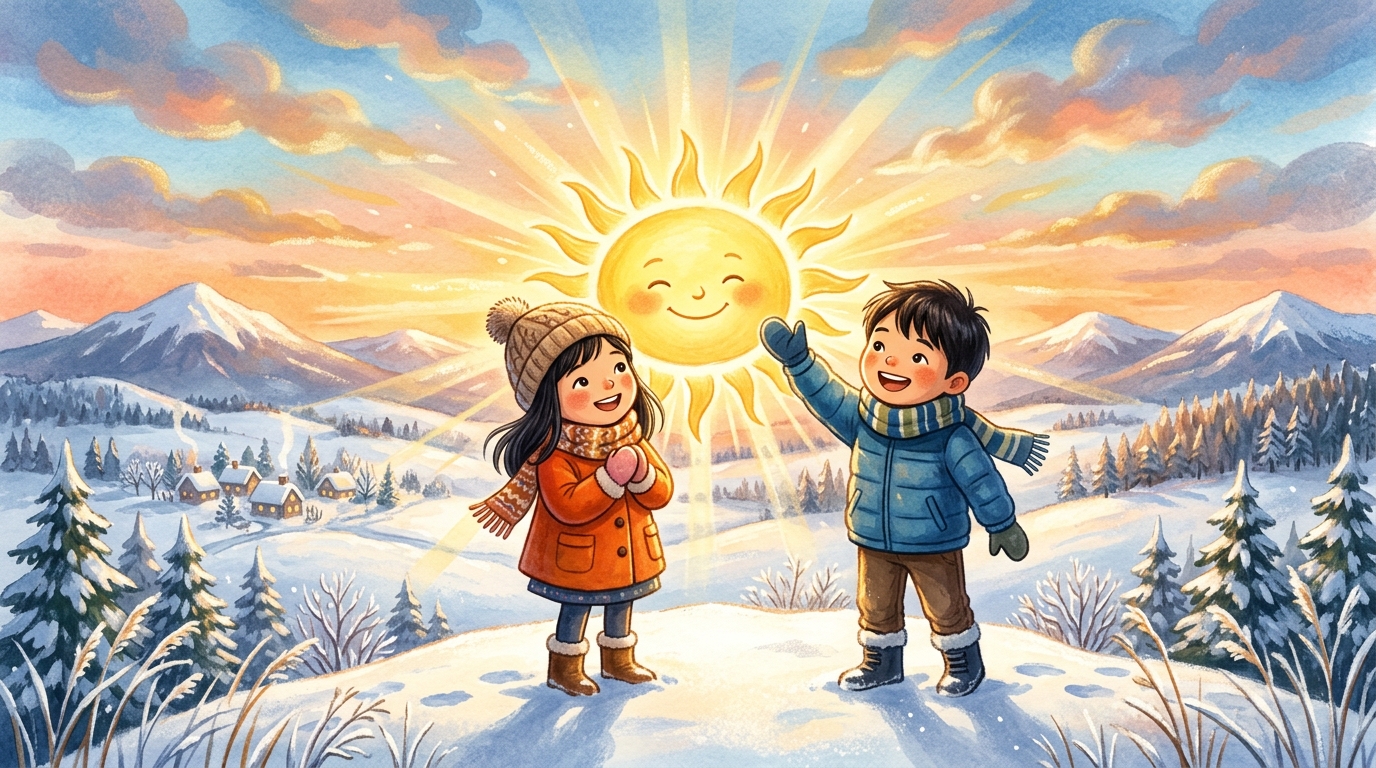冬至の朝日を笑顔で浴びる子どもたち