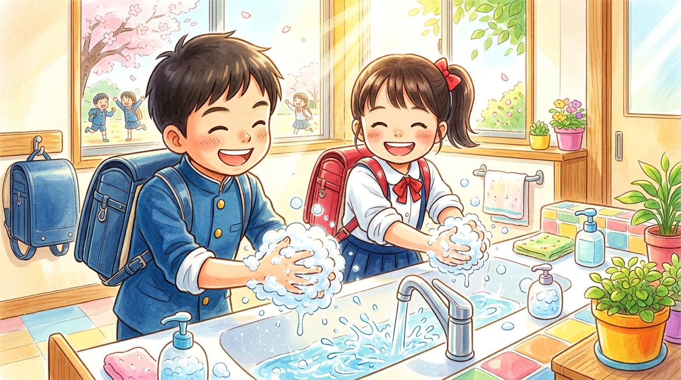 石けんでしっかり手洗いをする子どもたち