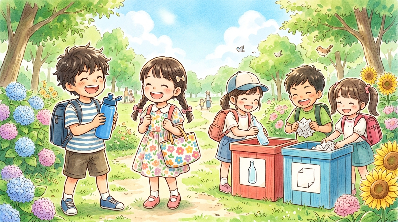 マイ水筒やマイバッグを持ち寄り楽しく3Rに取り組む小学生たち